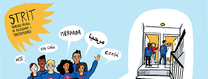 Tegnet motiv af en gruppe forskere fra STRIT, der hilser på forskellige sprog
